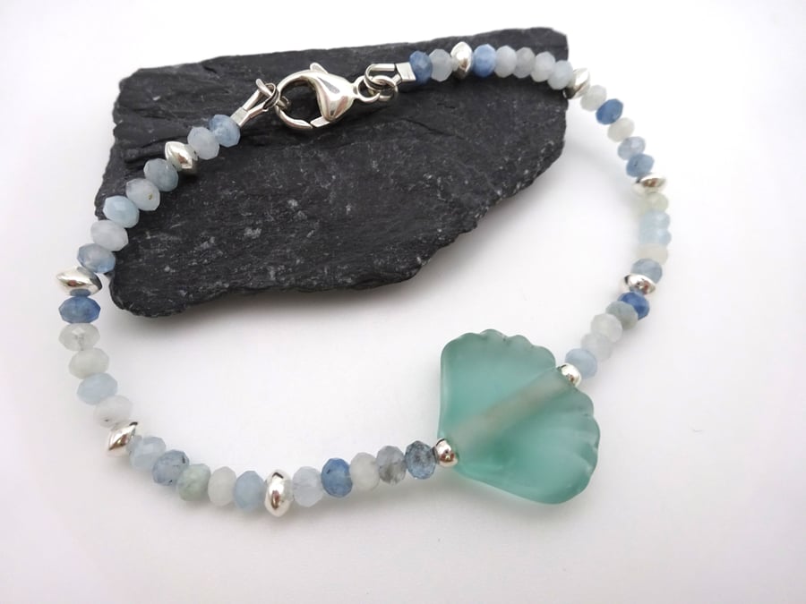 lampwork glass sea shell and aquamarine bracelet 