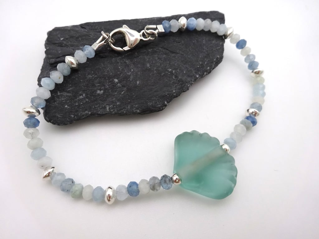 lampwork glass sea shell and aquamarine bracelet 