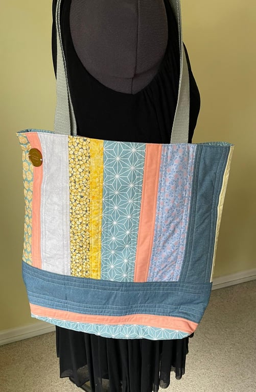 Peach and Blue Stripe Tote Bag