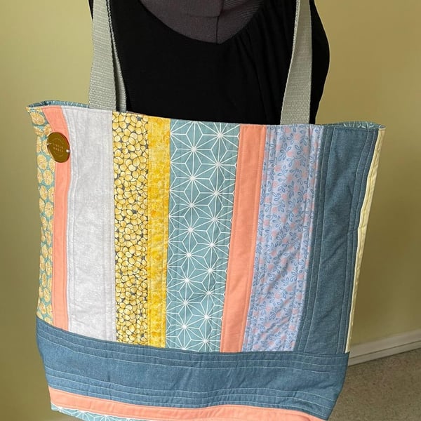 Peach and Blue Stripe Tote Bag
