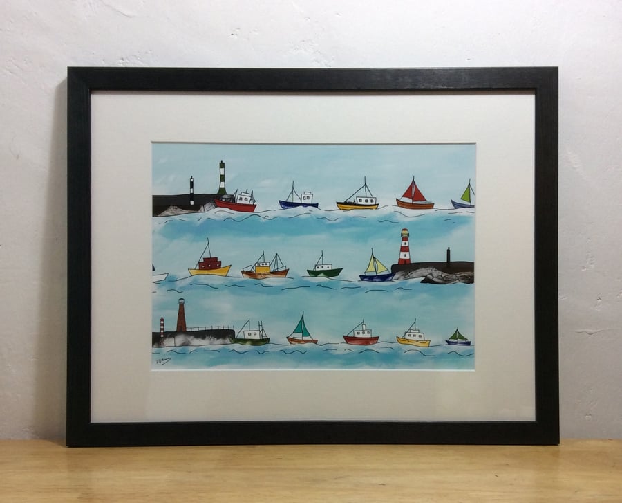 Heading home - A4 print of boats heading into the harbour