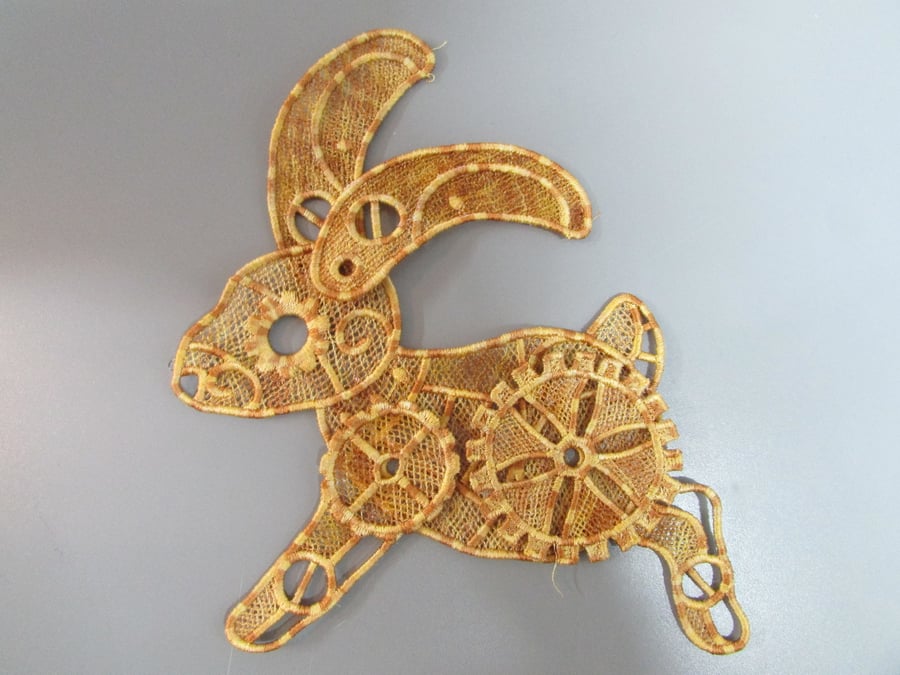 Embroidered Steampunk Hare Bunny Rabbit Lace Applique with moving parts