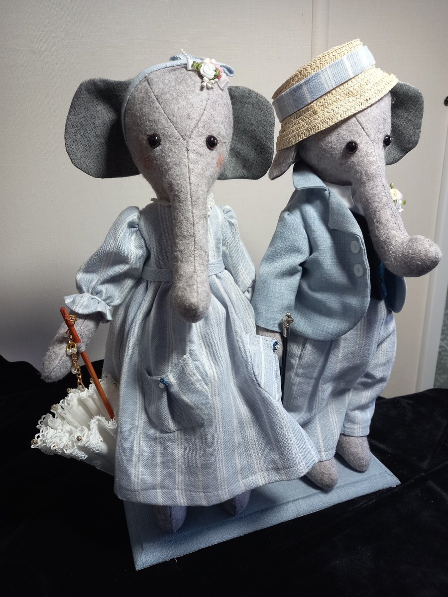 Handmade Doll. Elephant Couple in Love on a stand 15 inches High