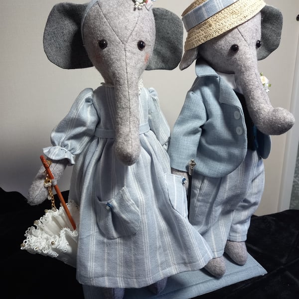 Handmade Doll. Elephant Couple in Love on a stand 15 inches High