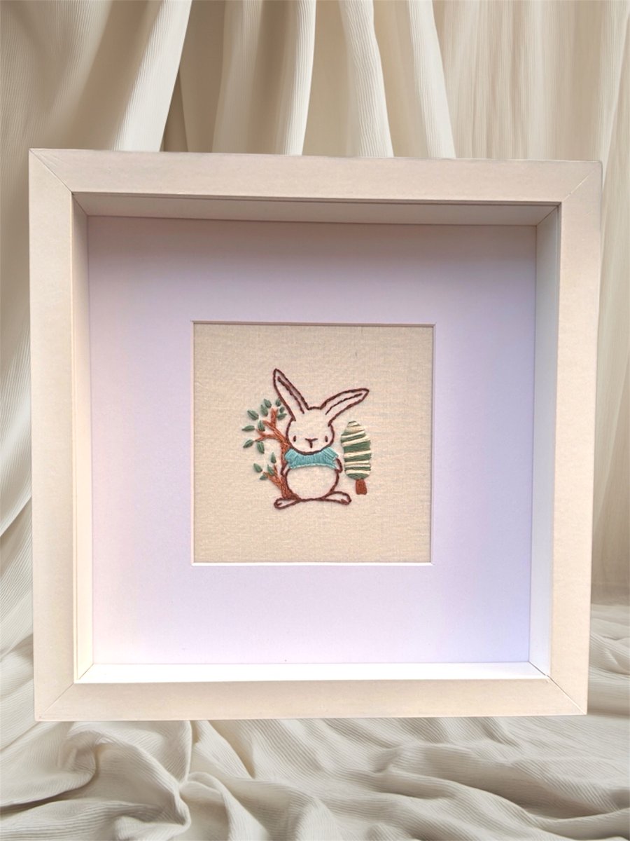 Embroidery gift for new baby, nursery decor, framed, cute bunny rabbit. 