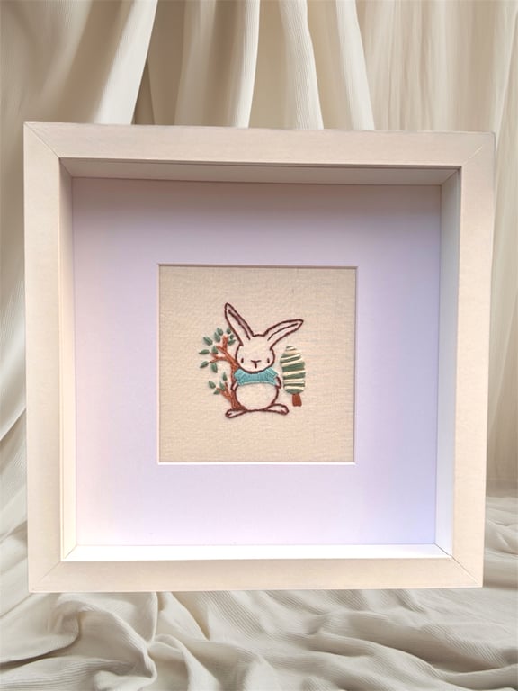 Baby picture gift, nursery decor, framed hand embroidery of cute bunny rabbit. 