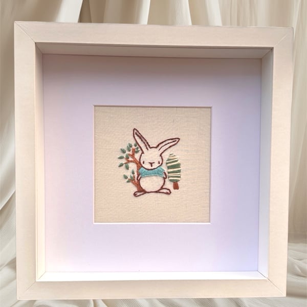 Baby picture gift, nursery decor, framed hand embroidery of cute bunny rabbit. 