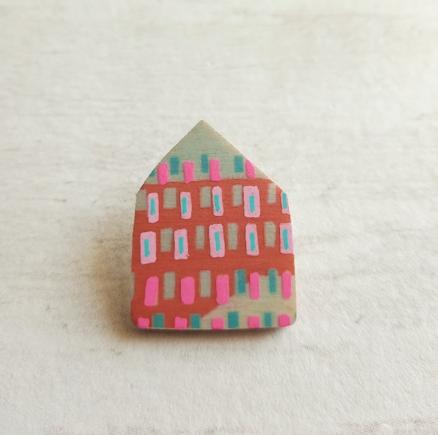 Wooden House Pin Badge, House Brooch, House Pin, Red House