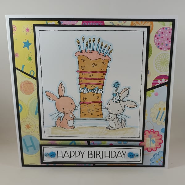 Handmade birthday card - bunnies and  birthday cake