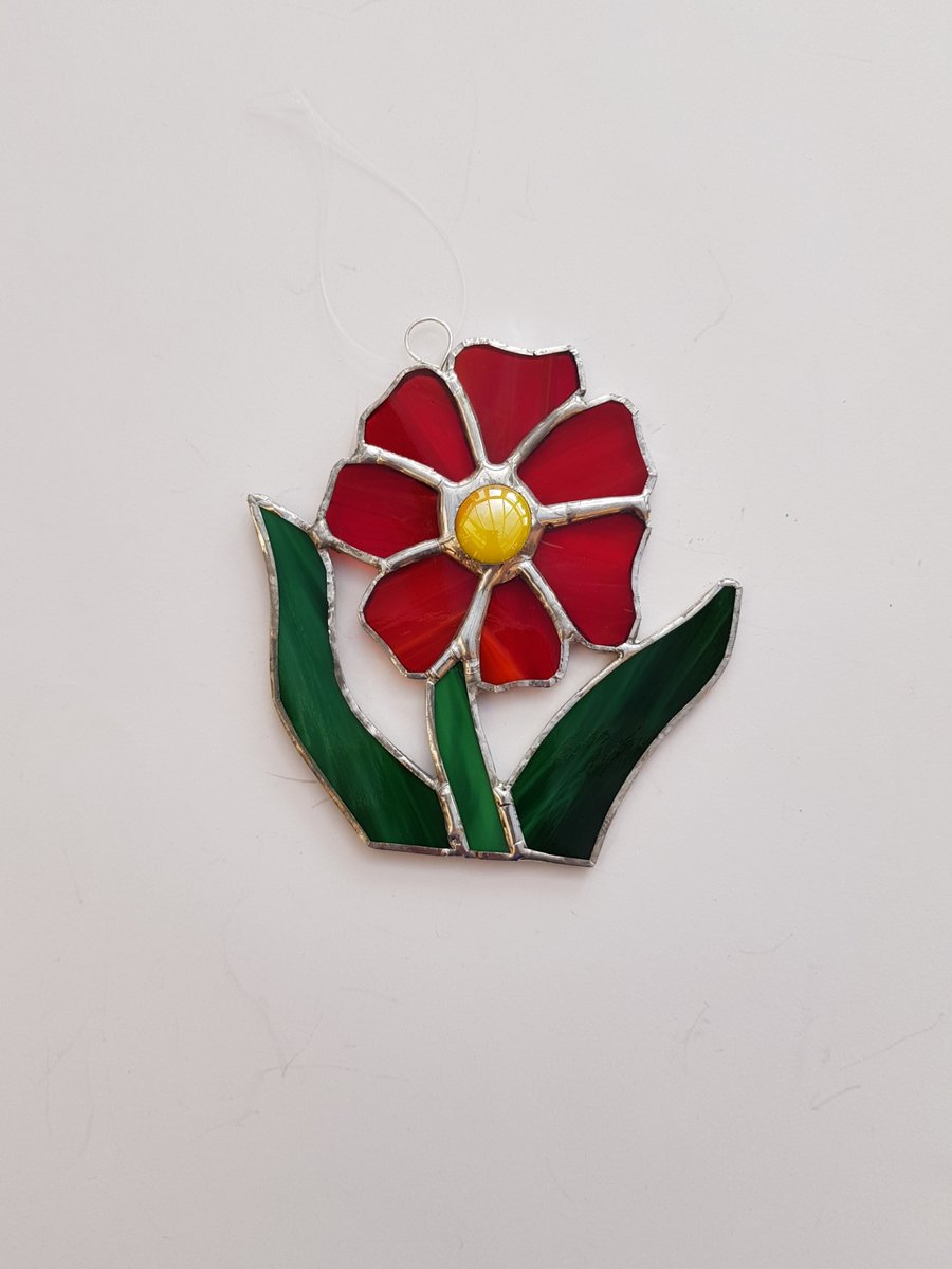 143 Stained Glass Red Daisy Style Flower - handmade hanging decoration.