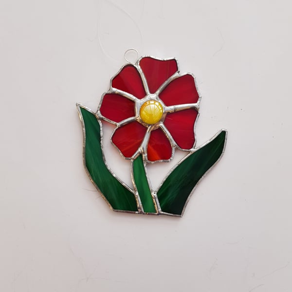 143 Stained Glass Red Daisy Style Flower - handmade hanging decoration.