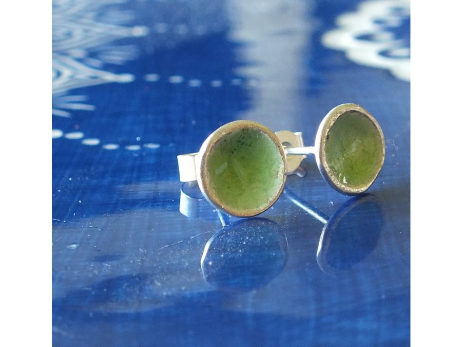 Lime green enamelled silver earrings