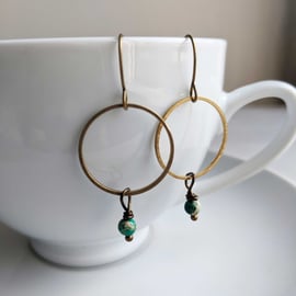 Golden Hoops with Turquoise - drop earrings - green African turquoise stones