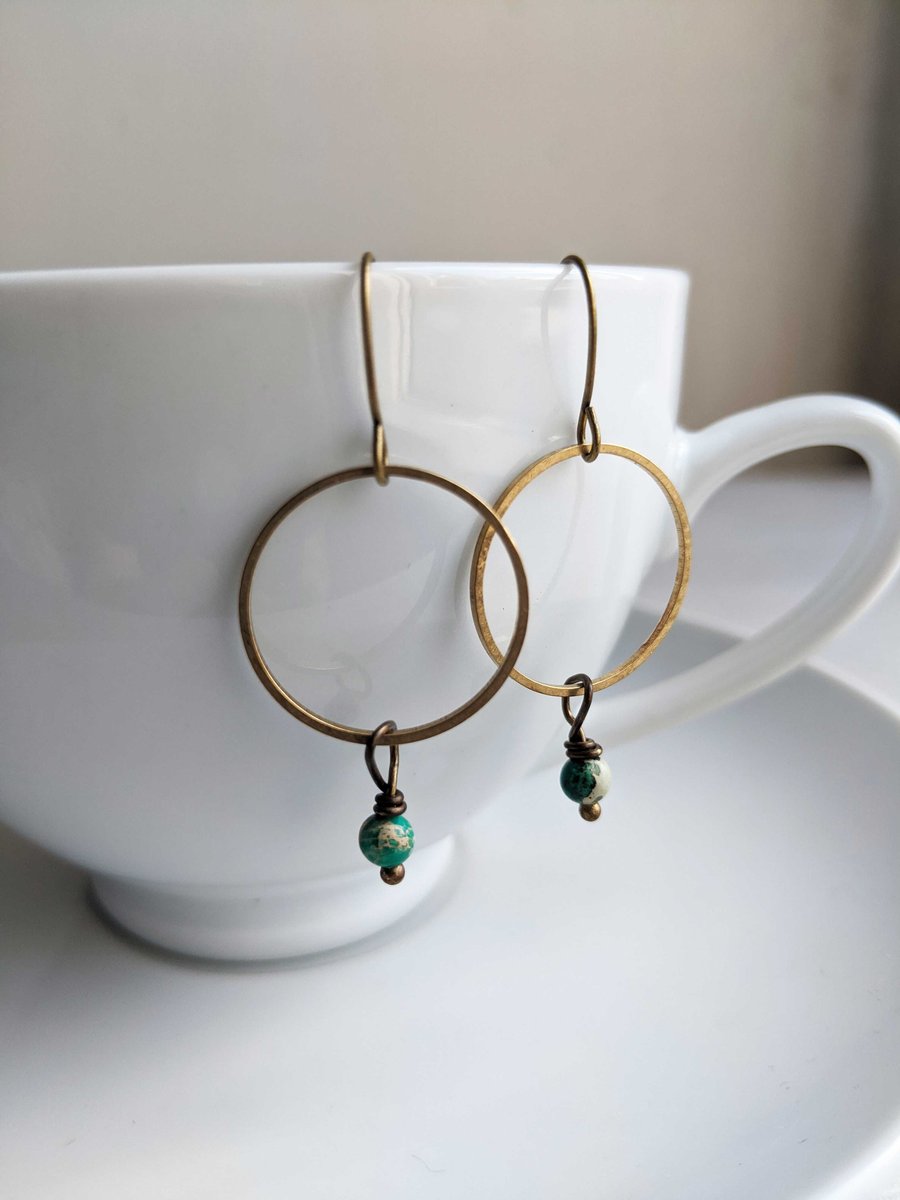 Golden Hoops with Turquoise - drop earrings - green African turquoise stones
