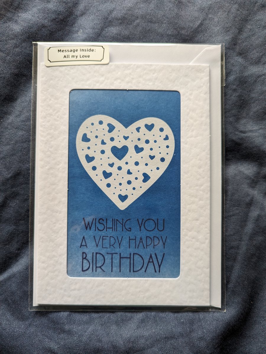 Heart Birthday Love Cyanotype Print Card Blue White Framed Hammered Effect Small