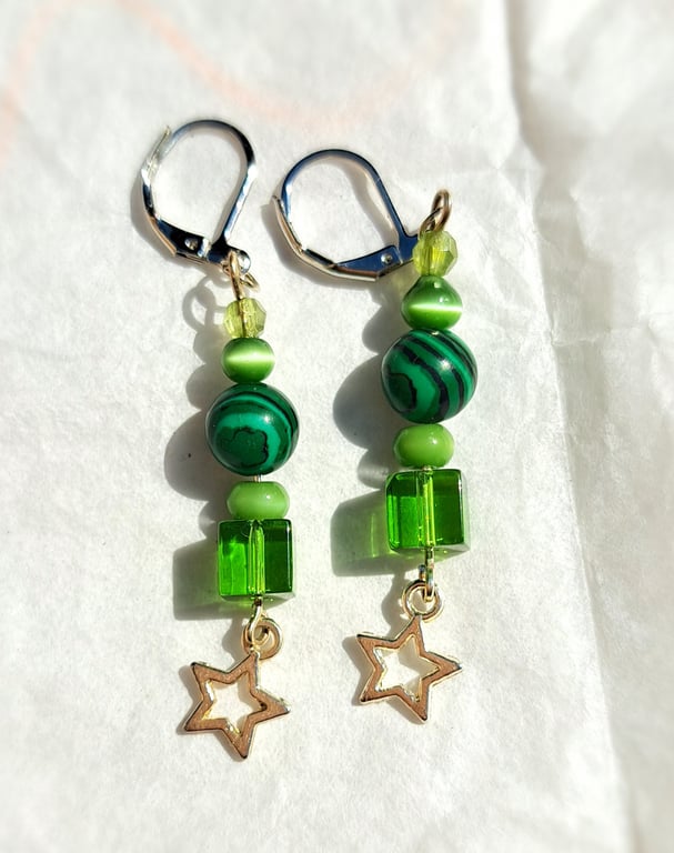 Earrings, dangle, sparkly, gems, disco, stars, faceted beads, silver, rainbow