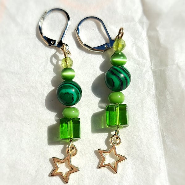 Earrings, dangle, sparkly, gems, disco, stars, faceted beads, silver, rainbow