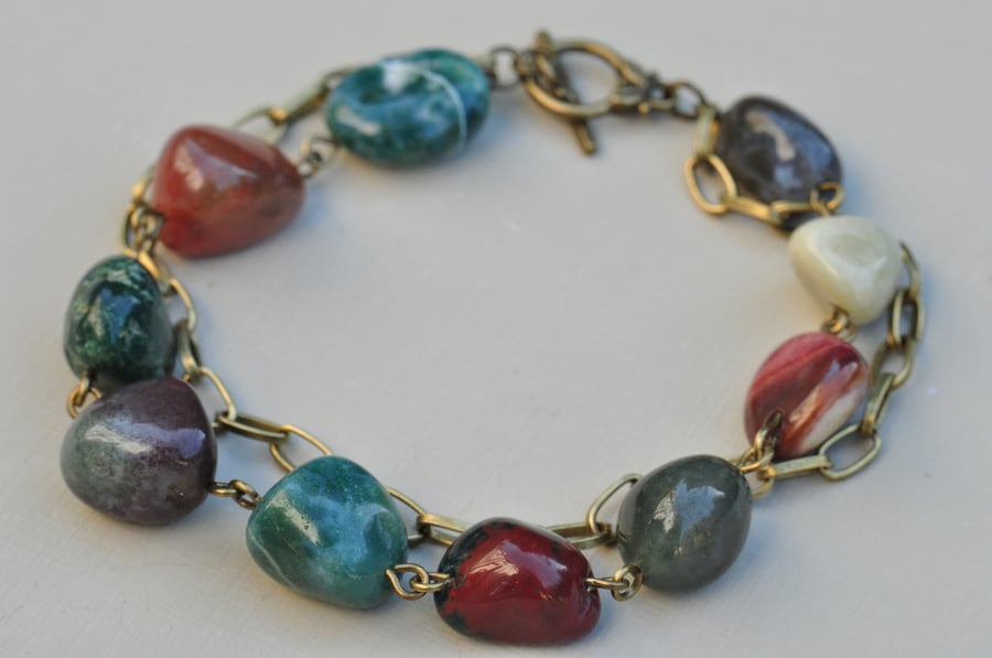 Ocean Jasper Nugget & Chain Bracelet Green, Red, Beige, Blue, Grey
