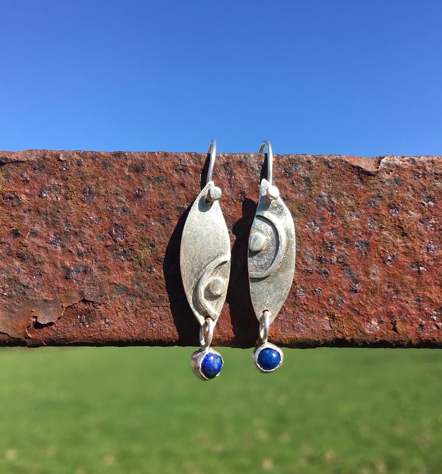 Silver Leaf Shape and Lapis Lazuli Dangle Earrings
