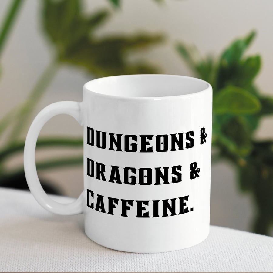 Dungeons & Caffeine Mug - DnD Coffee Mug, Dungeons And Dragons Gift, D20 Mug