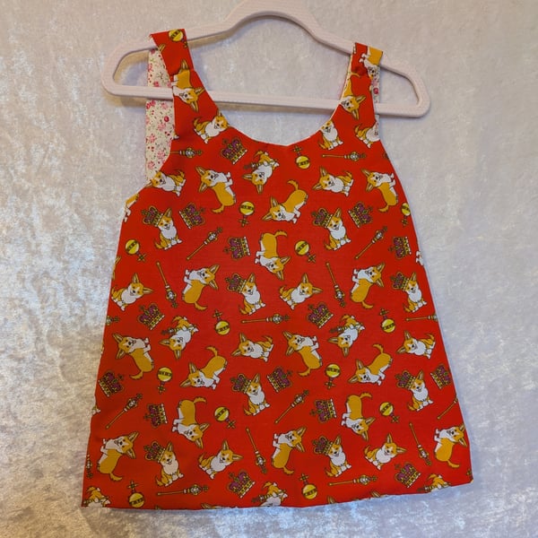 Reversible baby top. Red with regal corgis. Two years old.