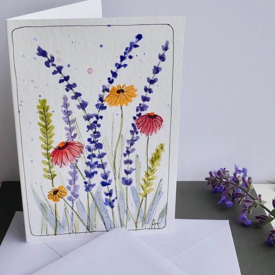 Hand Drawn & Painted Wildflower Greetings Card with Envelope - Blank inside