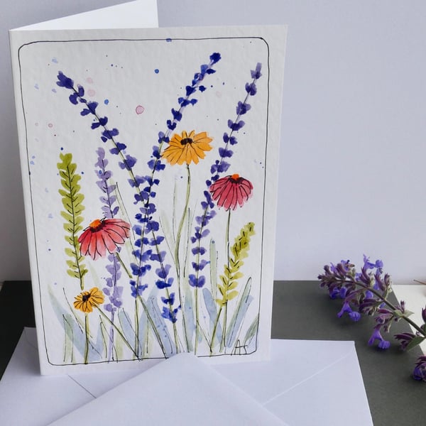Hand Drawn & Painted Wildflower Greetings Card with Envelope - Blank inside