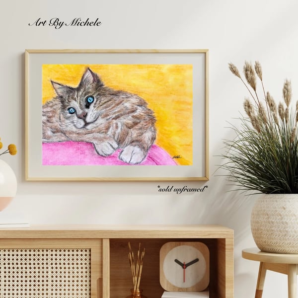 Lazy Cat Art Print, Vibrant Colours, Cozy Home Decor