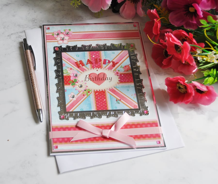 70th Jubilee 3D Luxury Handmade Card Happy Birthday Heart Flowers Union Flag