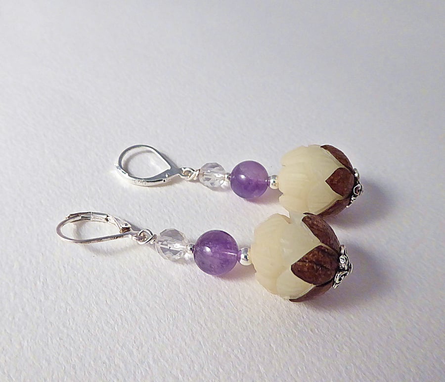 Lotus Flower Bud Earrings with Amethyst and Quartz, Sterling Silver Lever Backs