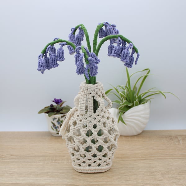 Everlasting Bluebells in a vase, macramé flowers