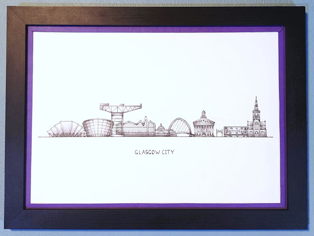 Glasgow Cityscape Handmade Unique Framed A3 Print Purple Border Wallart Gift
