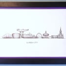 Glasgow Cityscape Handmade Unique Framed A3 Print Purple Border Wallart Gift