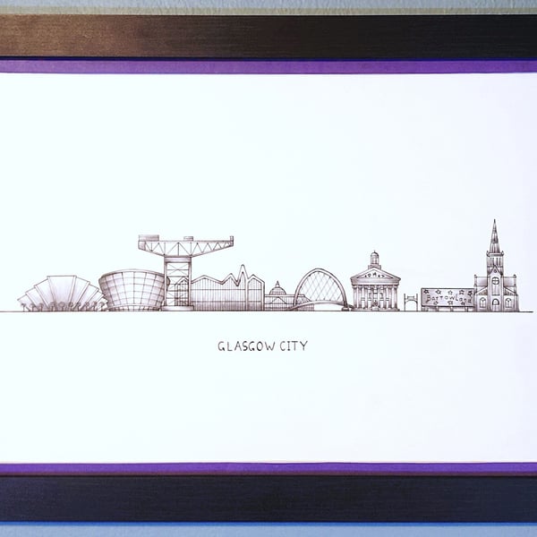 Glasgow Cityscape Handmade Unique Framed A3 Print Purple Border Wallart Gift