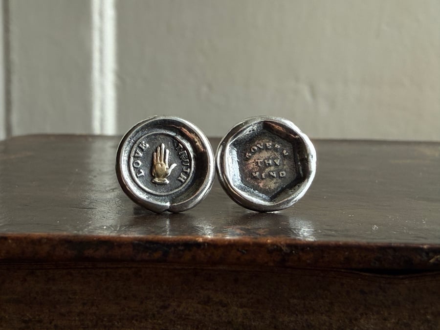 Sterling Silver Clay Pipe Wax Seal Stud Earrings "HOW OFT OUR JOYS ARE CROSS'D"