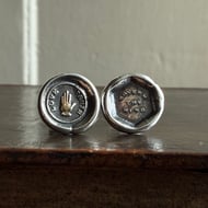 Sterling Silver Clay Pipe Wax Seal Stud Earrings "HOW OFT OUR JOYS ARE CROSS'D"