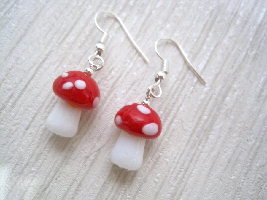 TOADSTOOL MUSHROOM Lampwork 3D Drop Dangly earrings OOAK