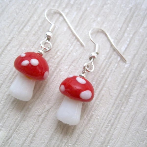 TOADSTOOL MUSHROOM Lampwork 3D Drop Dangly earrings OOAK