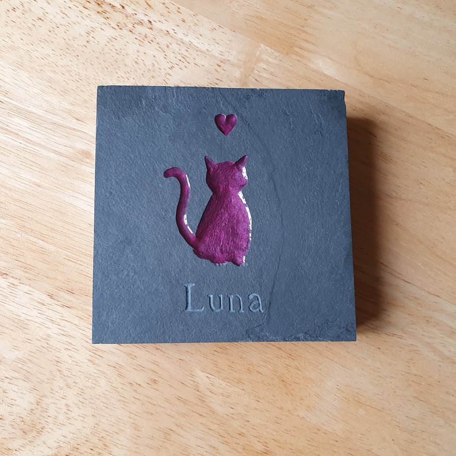 Cute Cat Sculpture, Pet Memorial, Purple & Slate Paperweight, Hand Carved Cat
