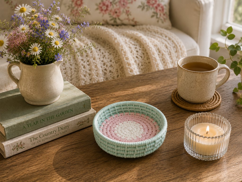 Handmade Coiled Cotton Macrame Cord Basket, Mint Green & Blush Pink Trinket Tray