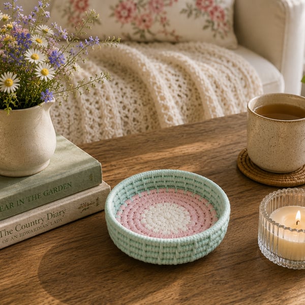 Handmade Coiled Cotton Macrame Cord Basket, Mint Green & Blush Pink Trinket Tray