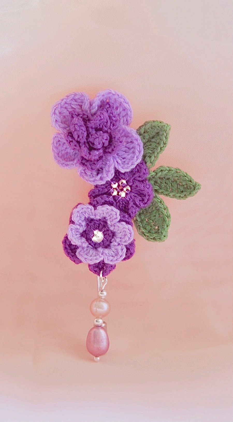 Fresh Water Pearls, Crochet Purple Floral Brooch