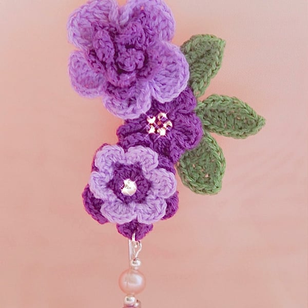 Fresh Water Pearls, Crochet Purple Floral Brooch