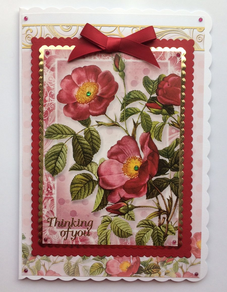 Thinking of You Card Red Antique Roses Sympathy Get Well 3D Luxury Handmade Card