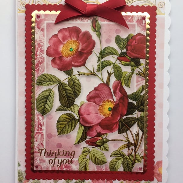 Thinking of You Card Red Antique Roses Sympathy Get Well 3D Luxury Handmade Card