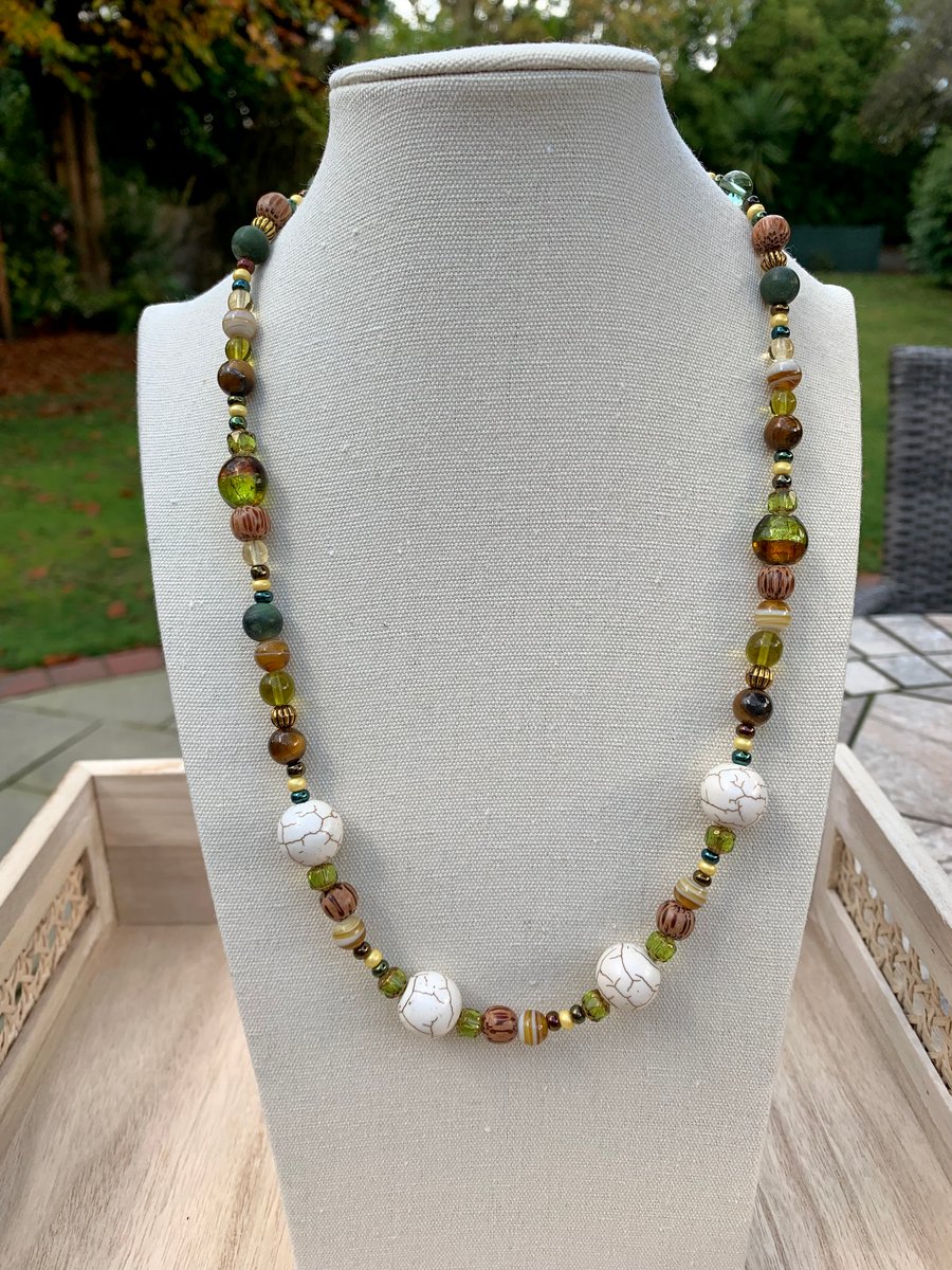 Handmade Olive Blown Glass  & Tigers Eye Bead Necklace 