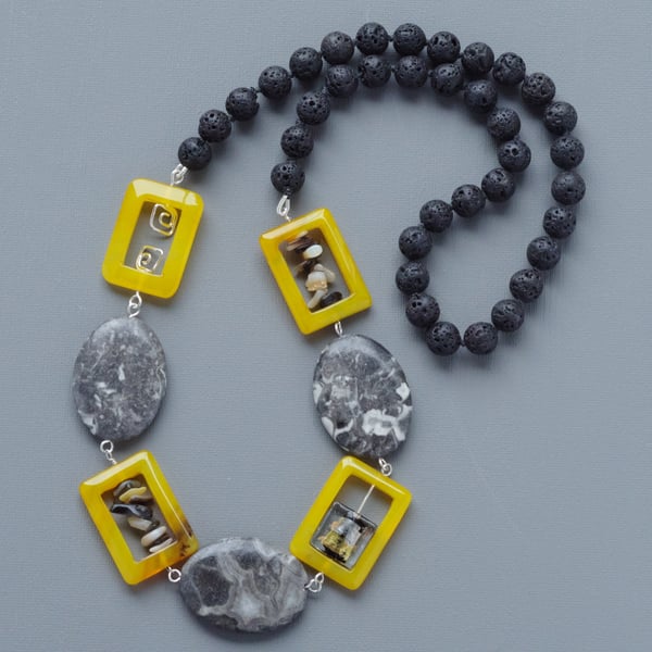 Sterling Silver Yellow Agate Mixed Media Statement Necklace on Irish Linen Cord