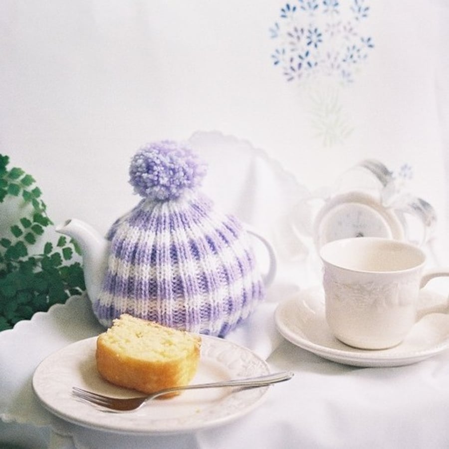 Small Tea Cosy - Purple and White Stripped  