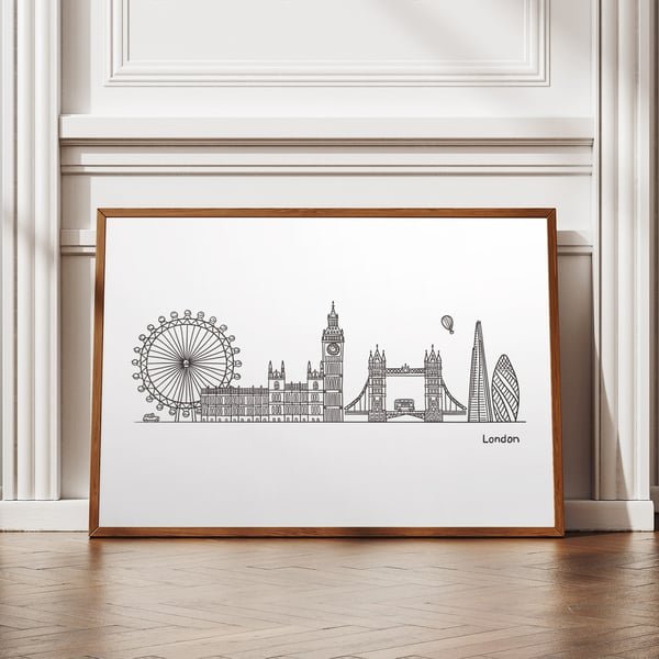Hand-drawn London Skyline Poster Wall Art, Printed on Artist Paper