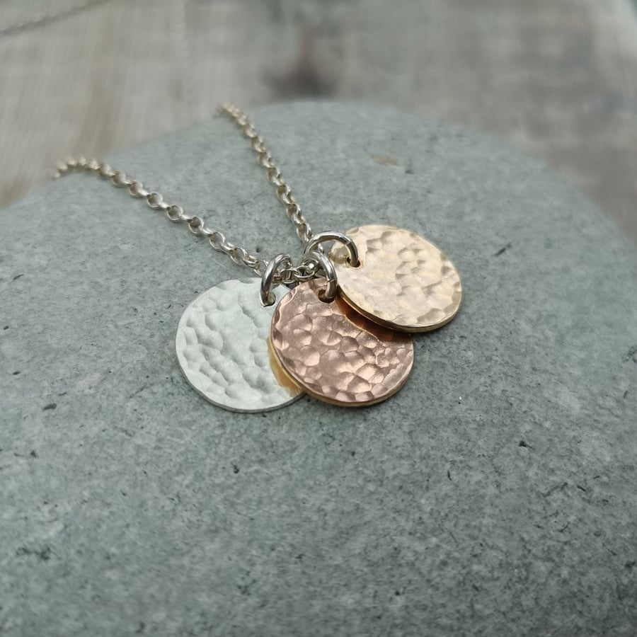 Sterling Silver, Rose Red Gold and Yellow Gold Hammered Disc Necklace